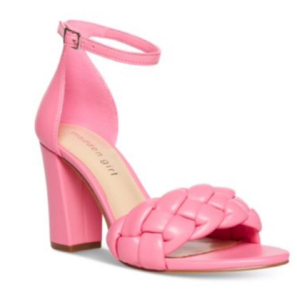 Madden Girl Pink Braided Ankle-Strap Block Heel Sandals